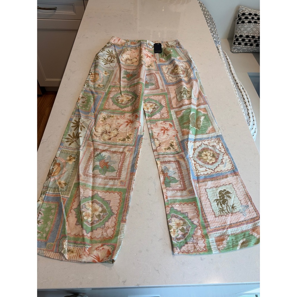 Tullea Los Angeles Wide Leg Pants Womens Large Multi Tropical Patchwork Coastal - Picture 4 of 8
